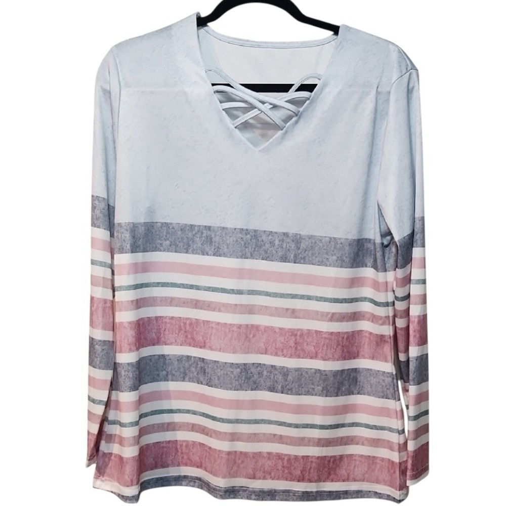 Gray and Pink Criss-Cross Long Sleeve Top Blouse size Large